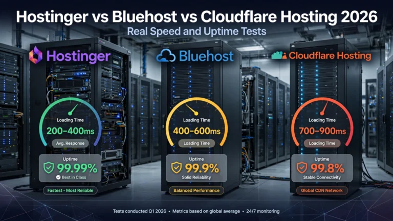 Hostinger vs Bluehost vs Cloudflare Hosting 2026: Real Speed and Uptime Tests